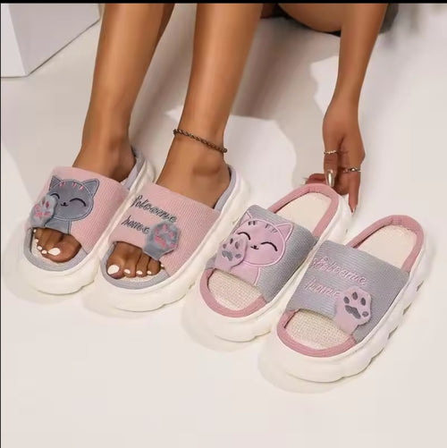 Tewgy Linen Casual Slippers, Comfortable and Cute Cat Design Slippers Suitable for Daily Use.