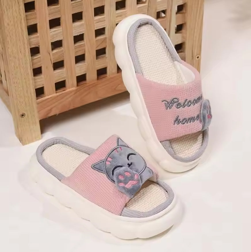 Tewgy Linen Casual Slippers, Comfortable and Cute Cat Design Slippers Suitable for Daily Use.