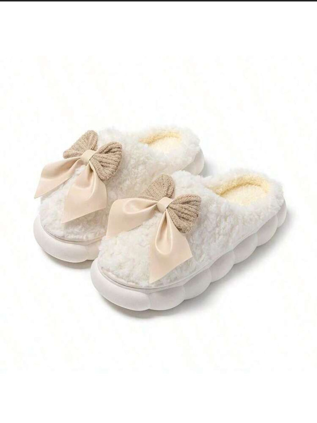 รองเท้าแตะขนนุ่มติดโบว์ อุ่น ใส่สบาย พื้นกันลื่น สำหรับใส่ในบ้าน