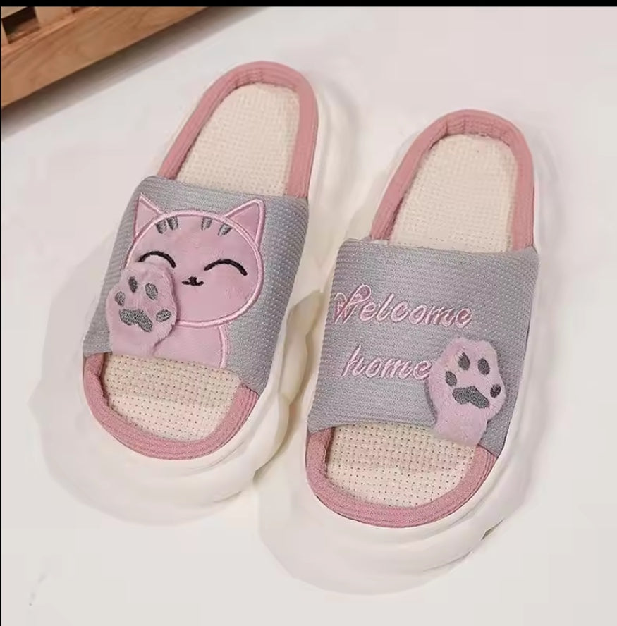 Tewgy Linen Casual Slippers, Comfortable and Cute Cat Design Slippers Suitable for Daily Use.
