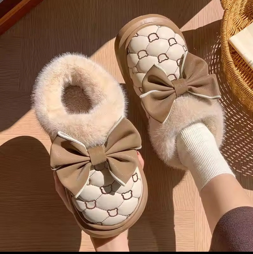 Tewgy Bow Detail Ankle-Support Plush Shoes, Comfortable Fluffy Footwear Suitable for Both Indoor and Outdoor Use.