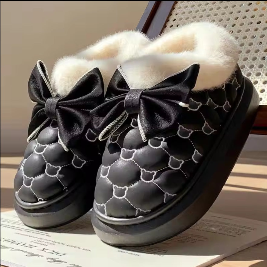 Tewgy Bow Detail Ankle-Support Plush Shoes, Comfortable Fluffy Footwear Suitable for Both Indoor and Outdoor Use.