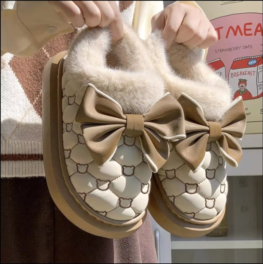 Tewgy Bow Detail Ankle-Support Plush Shoes, Comfortable Fluffy Footwear Suitable for Both Indoor and Outdoor Use.