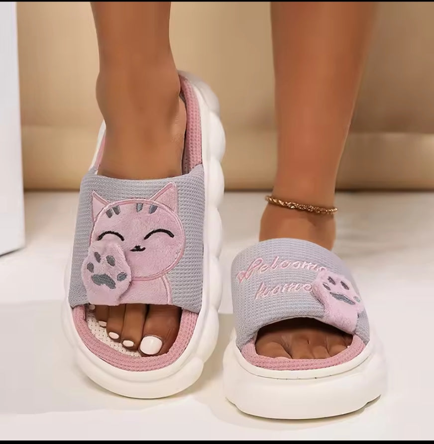 Tewgy Linen Casual Slippers, Comfortable and Cute Cat Design Slippers Suitable for Daily Use.